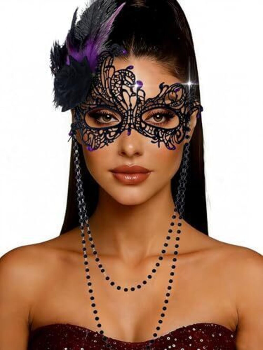 3109 Feather Masquerade Mask Rhinestone Luxury Lace Masks Venetian Pearl